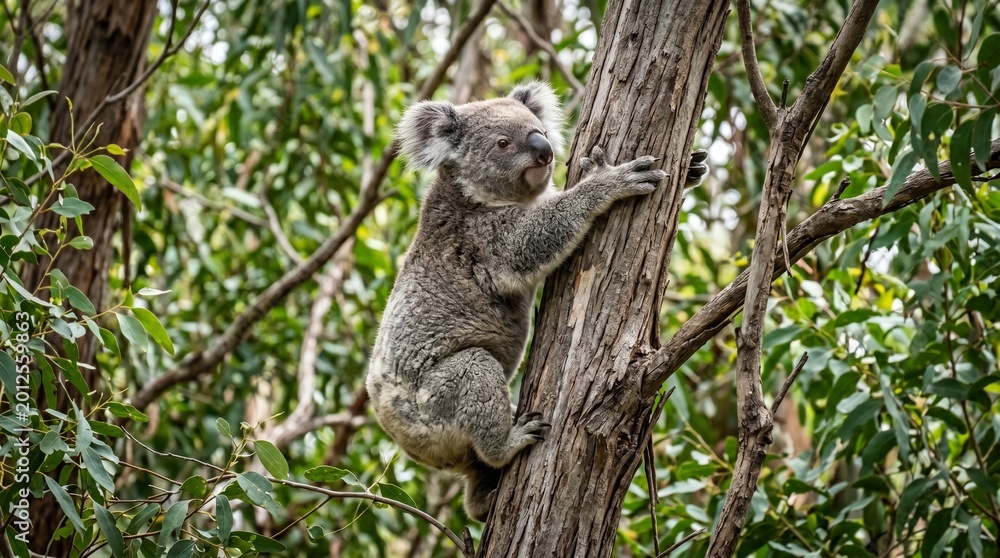 Fototapeta premium Adorable koala climbing eucalyptus tree in Australian forest, wildlife nature