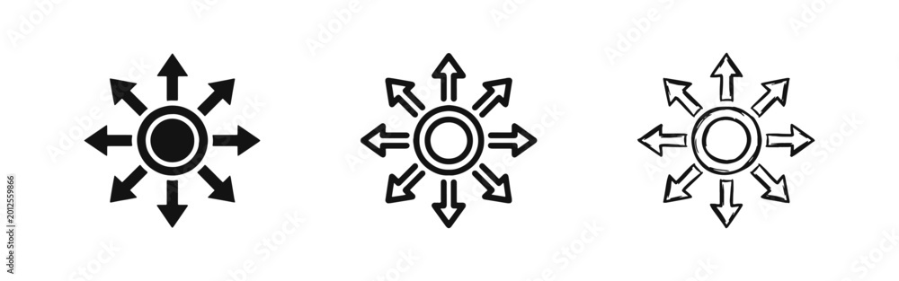 Obraz premium Distribution Arrows Icon Set - Central Point with Expanding Symbols