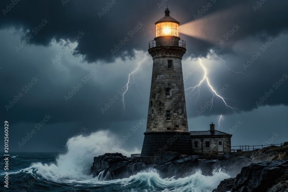 Obraz premium Stone lighthouse stands firm against raging storm waves and lightning strikes. Beacon shines bright through heavy rain illuminating dark sea. Maritime tower offers safety on rocky coast.