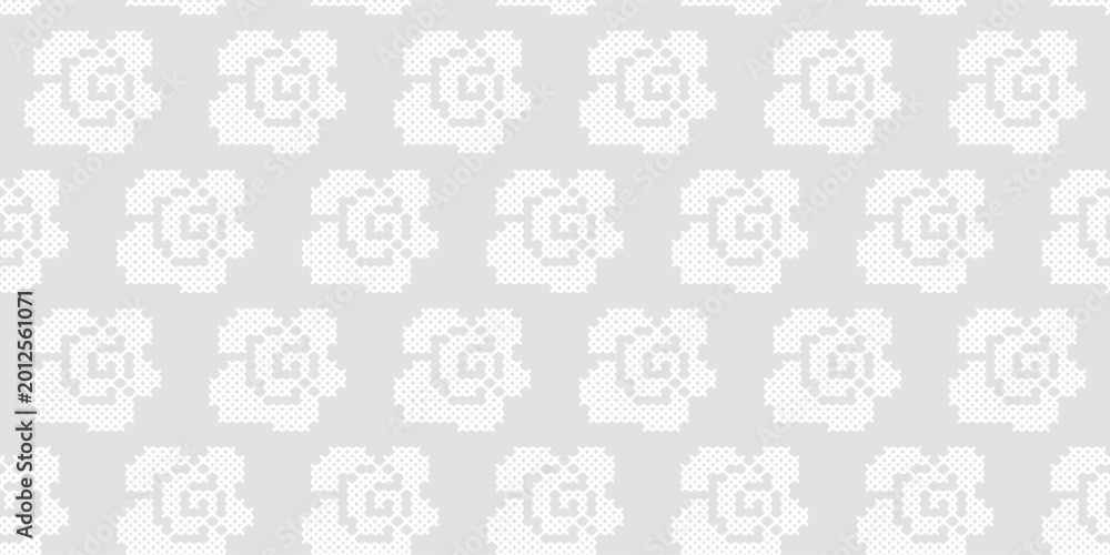 Obraz premium Seamless pattern of white cross stitch roses on a light grey background