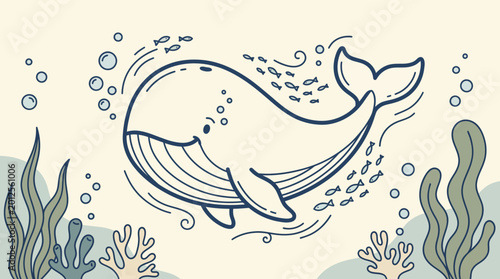 Slika na platnu Modern flat design illustration of a friendly blue whale swimming in the ocean surrounded by fish and sea plants