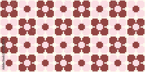 Konstfotografi Cross stitch seamless pattern with pink and burgundy floral motifs on a cream ba