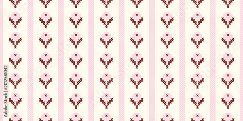 Seamless cross stitch floral pattern with pink roses and geometric borders on a cream background.