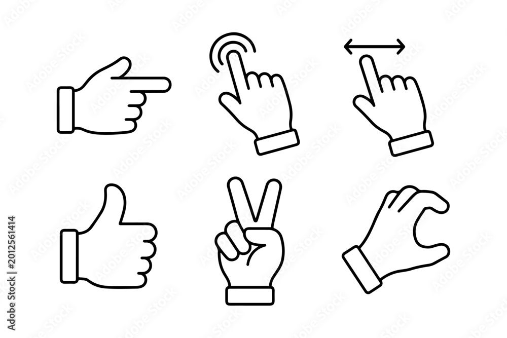 Fototapeta premium Set of Six Hand Gestures Icons Pointing, Tapping, Swiping, Thumbs Up, Peace Sign, Pinching