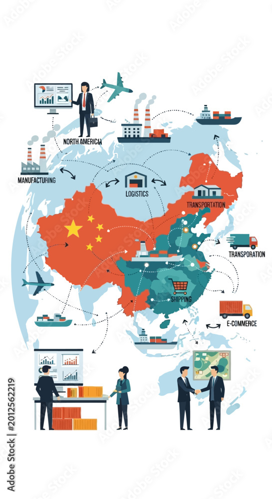 Naklejka premium Global Trade Map of China with Supply Chain and Logistics Network