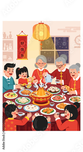 Happy family reunion dinner, Chinese new year celebration, traditional food feast