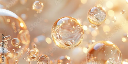 Golden translucent liquid bubbles with internal air pockets on warm bokeh background