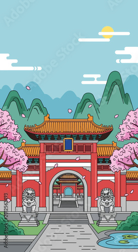 Traditional Chinese Gate with Cherry Blossoms and Mountains