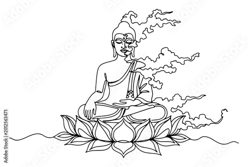 Canvas-taulu Single line art illustration of meditating Buddha sitting on a lotus flower with