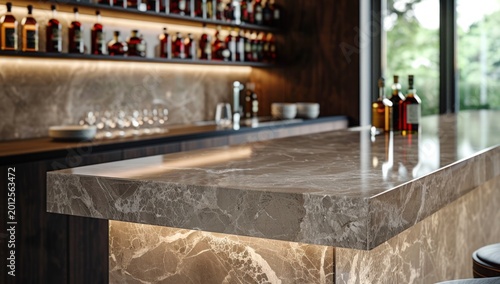Luxurious modern bar with marble counter, glowing lights, and rows of liquor bottles