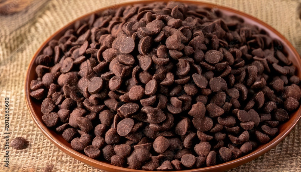 Fototapeta premium Bowl of Dark Chocolate Chips on Burlap Fabric.
