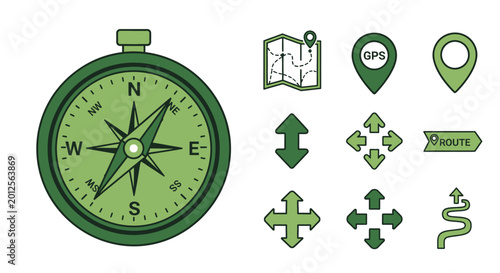 Green compass with navigation icons.