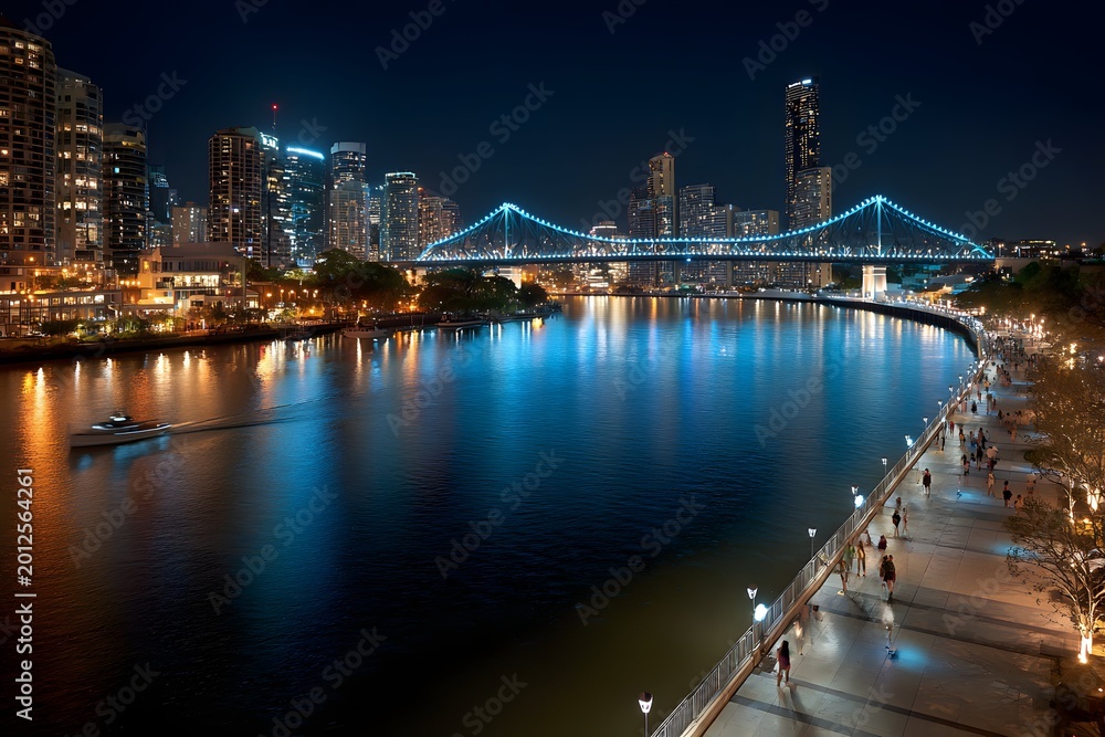 Fototapeta premium Night city skyline featuring illuminated bridge riverside walkway with strolling people reflections