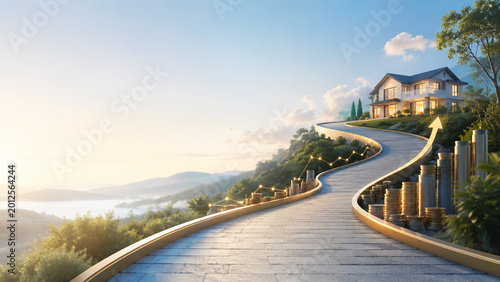 Path to Homeownership, Financial Growth and Real Estate Investment Concept with Coins and Modern House