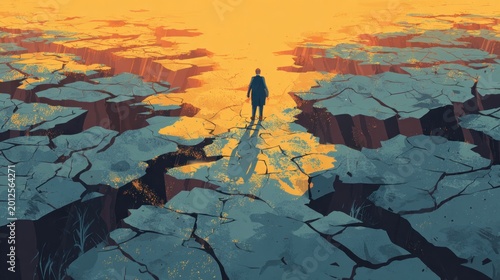 Lone figure standing before a chasm under a bright radiant sky