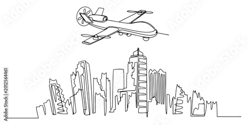 Obraz na płótnie Minimalist continuous line drawing of a military drone flying over a ruined city