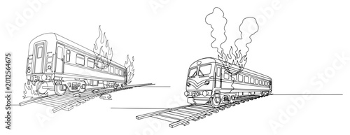 Photos Continuous line sketch of train derailment accident on railway tracks