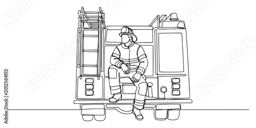 Tableau sur toile Minimalist single line drawing of a firefighter sitting on a fire engine truck