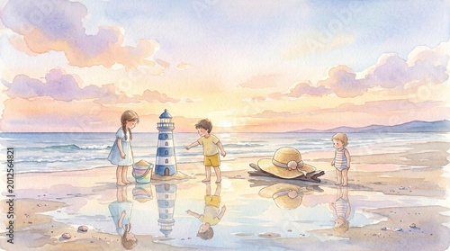 Three children play with a sand lighthouse and bucket on the wet beach at sunset