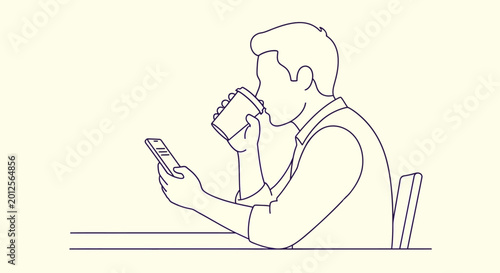 Man drinking coffee and checking phone illustration