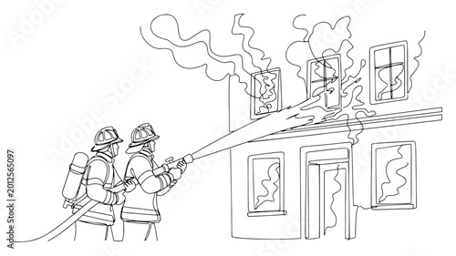 Foto Continuous line drawing of firefighters using a water hose to extinguish a house