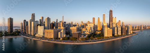 Aerial view of the skyscraper skyline of Chicago, Illinois, USA, with the backdrop of Lake Michigan