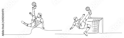 Single line drawing of football players scoring a goal with a spectacular bicycle kick