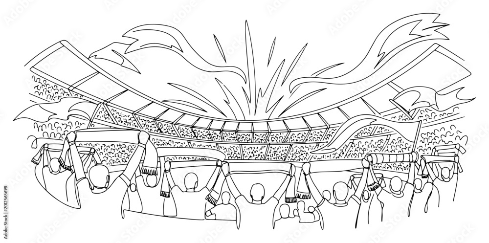 Fototapeta premium Minimalist line art of cheering fans at a stadium with flags and celebration