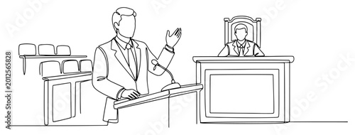 Obraz na płótnie Lawyer or prosecutor delivering a speech in front of a judge in a minimalist cou