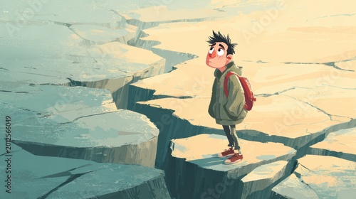Young person standing near large crack in abstract illustration
