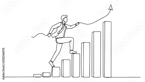 Businessman climbing growth chart stairs holding arrow pointing up sketch
