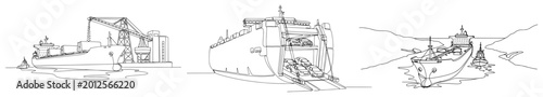 Set of cargo ships and maritime transport vessels continuous line drawings