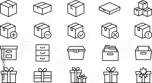 Photos Minimal packaging and storage line icon set with boxes containers gifts and orga