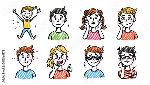 Valokuva Expression Array: A vibrant array of expressive faces, each one a unique sketch capturing a spectrum of human emotion, from elation to unease