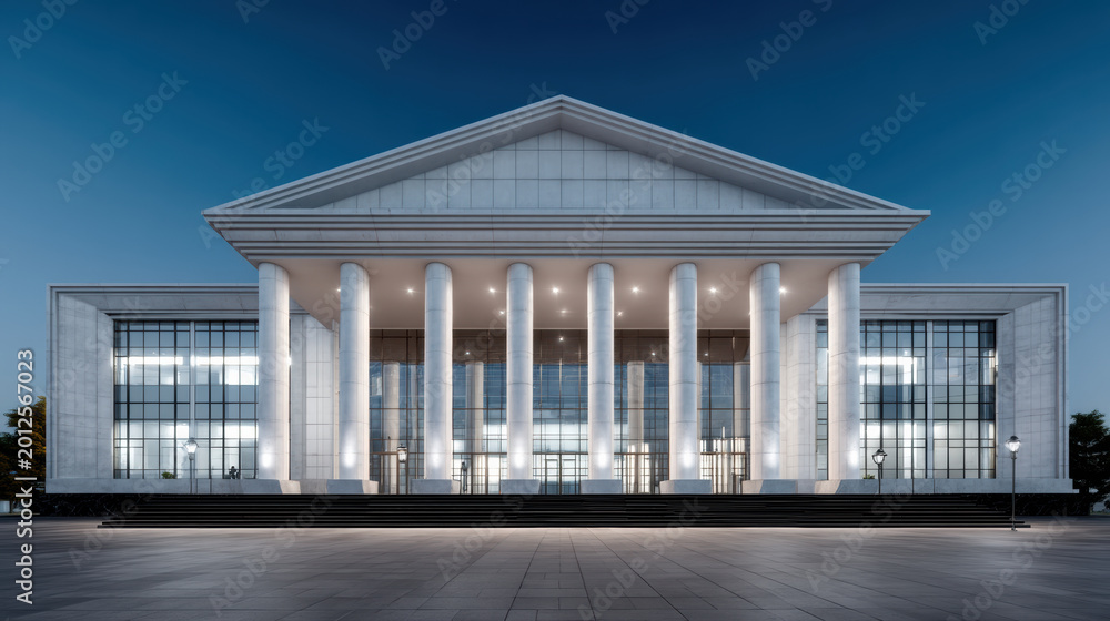 Fototapeta premium Grand white government building with tall columns, modern architecture, illuminated at dusk, symmetrical facade, public institution