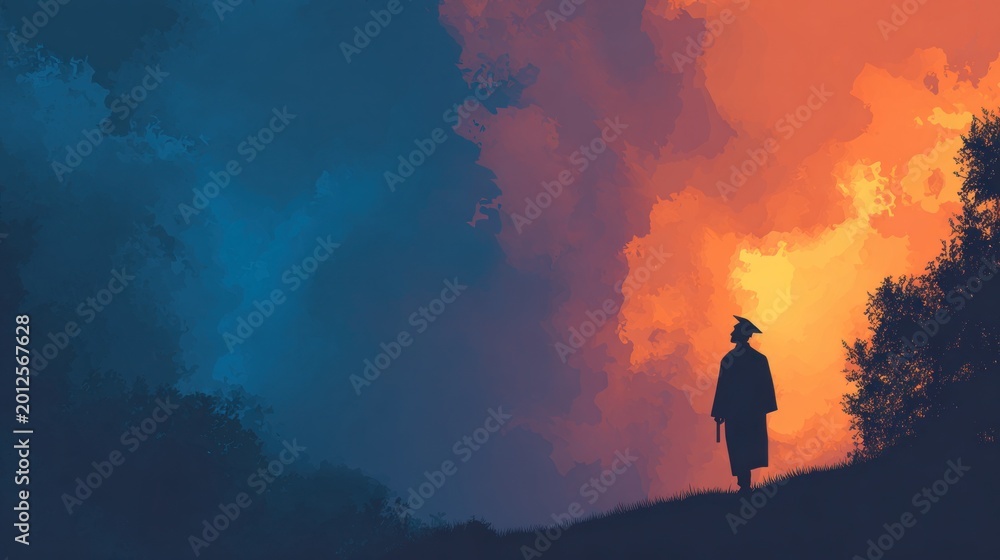 Obraz premium Silhouette of a graduate on a hillside with dramatic sunset and clouds