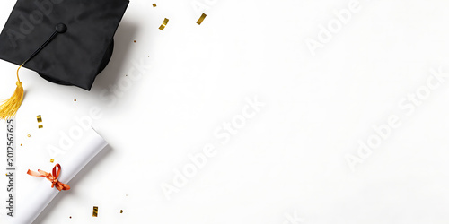 Minimal White Graduation Background with Cap and Diploma Mockup Space