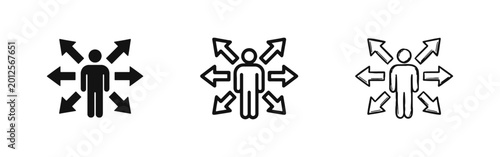 Schilderij op canvas Person with multi-directional arrows icon set for leadership or expansion
