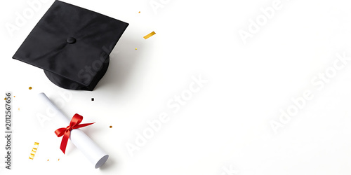 Simple Graduation Mockup with Diploma and Academic Cap on White Space