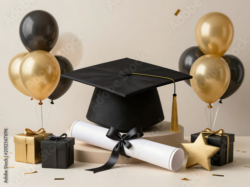 Modern Graduation Celebration Scene with Cap, Diploma and Balloons