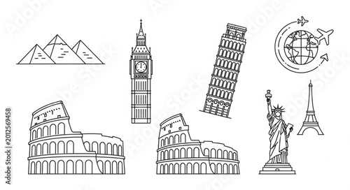 Billede på lærred Collection of famous world monuments icons.