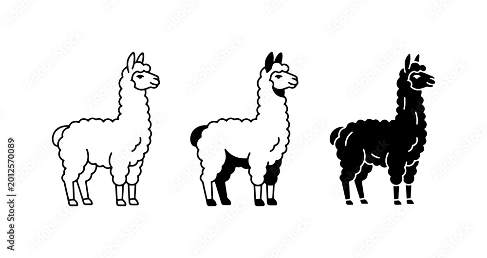 Fototapeta premium Llama Icon Set, Vector Graphics Collection, Cute Animal Illustrations, Black and White Line Art, Simple Mammal Icons for Design