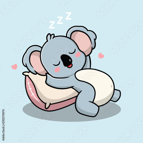 Photography Flat cartoon illustration of cute koala sleeping on pillow on blue background