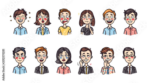 Photos Expressing Feelings: A collection of meticulously sketched characters displays a wide array of human emotions, capturing the spectrum of feelings with artistry and precision
