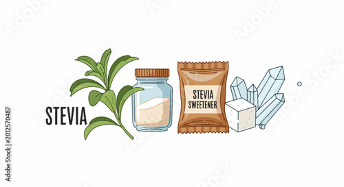 Sweetener elements plant, jar, sachet, crystals, cube, white background