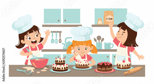 Three children in chef hats bake cakes in a kitchen