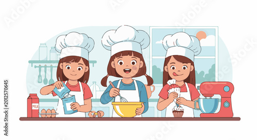 Three cheerful children in chef hats bake cupcakes and mix batter in a kitchen