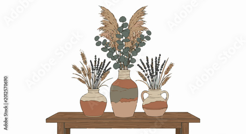 Three clay vases with dried botanicals arranged on a wooden shelf