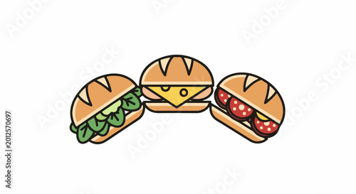 Three cartoon subs, one with salad, one with cheese and meat, one with meat