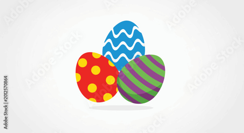 Three brightly colored, patterned eggs clustered together